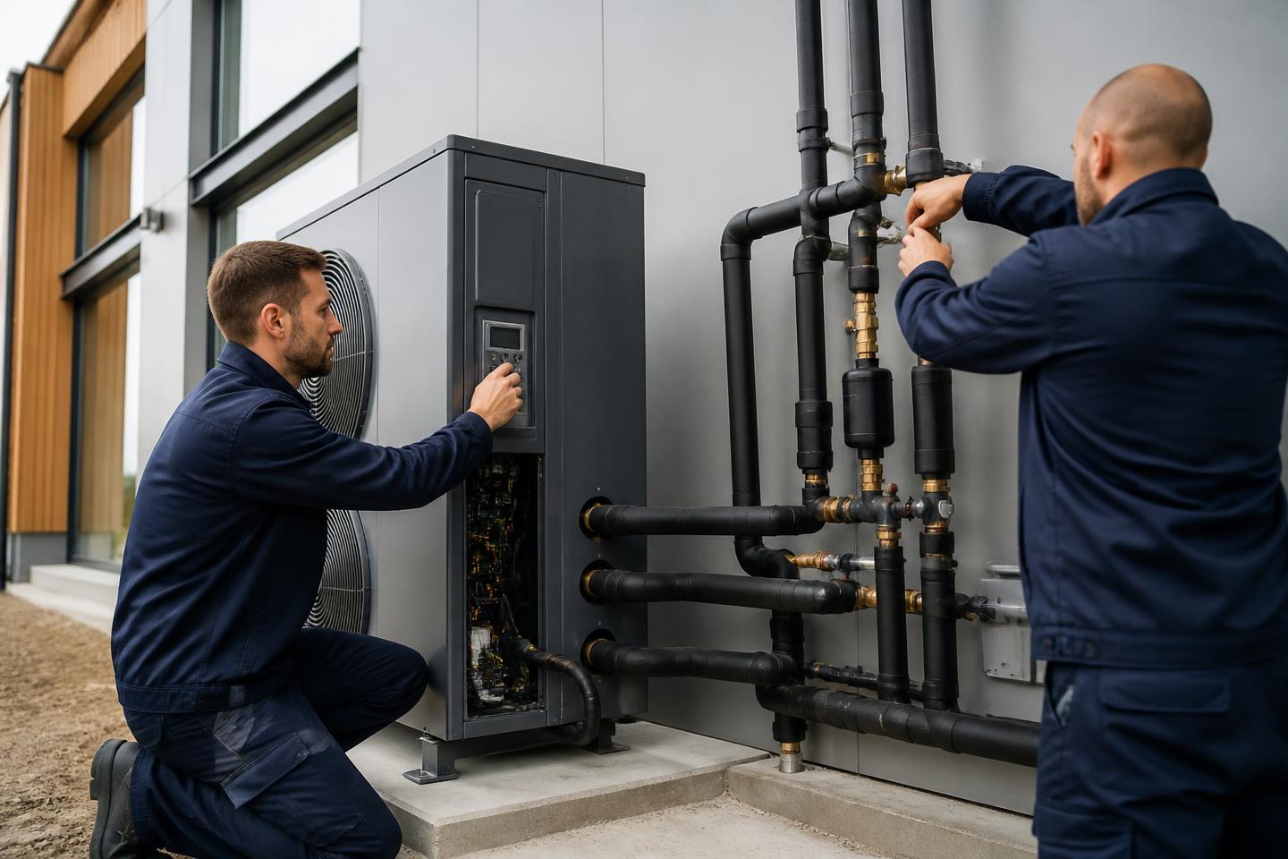 Engineers installing and commissioning a heat pump water heating system