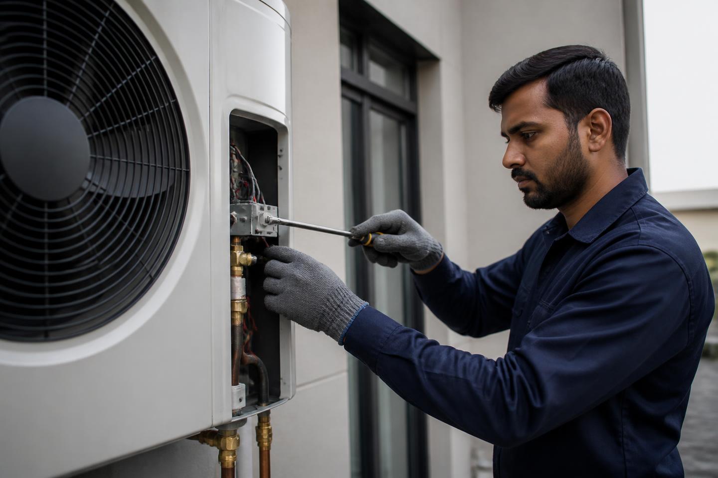 Technician servicing a heat pump water heater unit